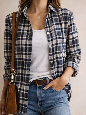 J.Crew Navy Cream Plaid Boy Fit Shirt Small Preppy Casual Top